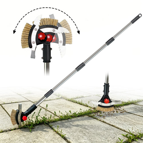 Garden crack weeder tool with adjustable head for cleaning pathways and removing weeds.