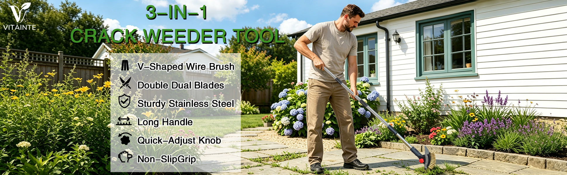 Man using a 3-in-1 crack weeder tool in a garden with a house in the background