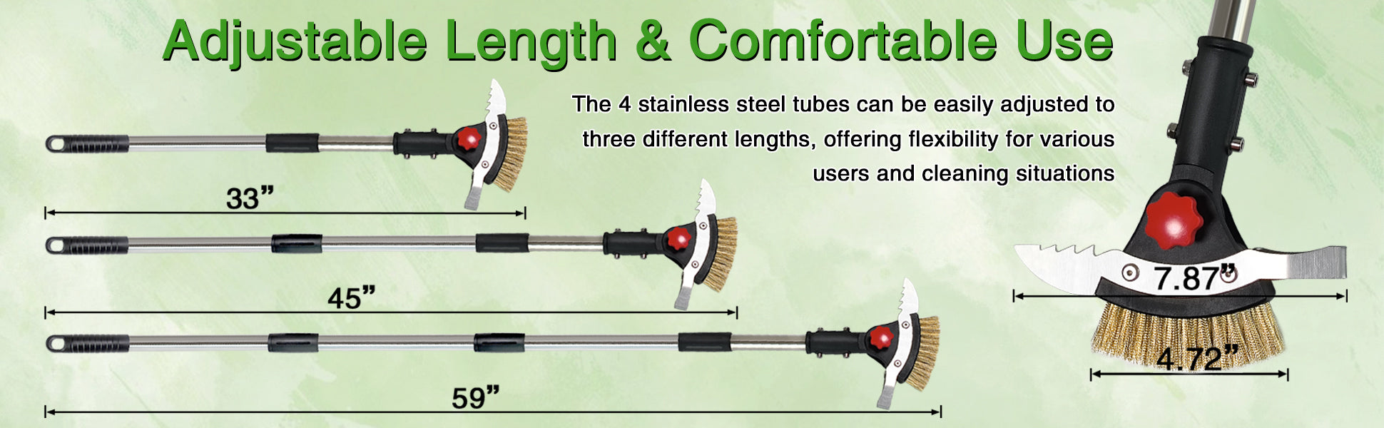 Adjustable length brush tool with measurement details on a green background