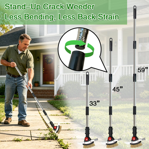 Man using a stand-up crack weeder with product details and benefits highlighted.