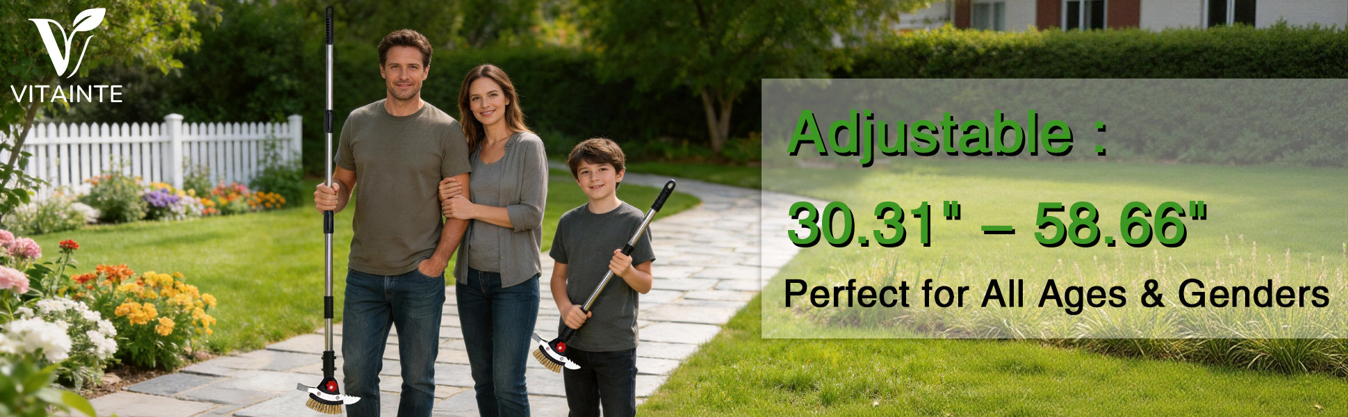 Family standing in a garden with a product display overlay