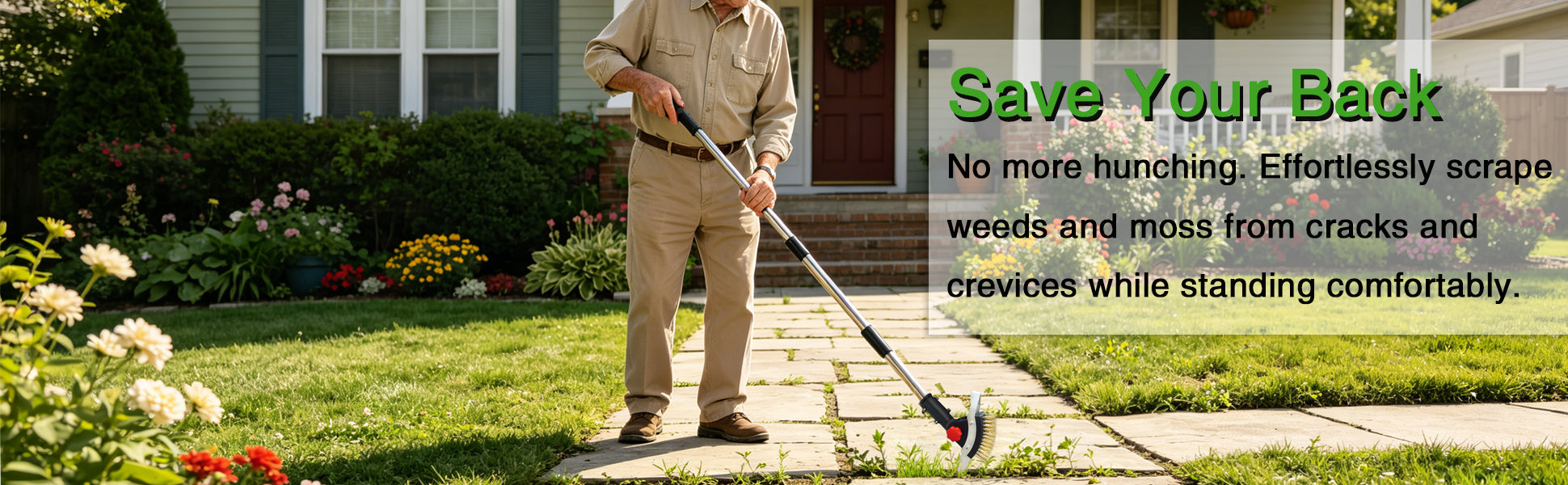 Person using a lawn care tool on a sidewalk with text 'Save Your Back' in the background.
