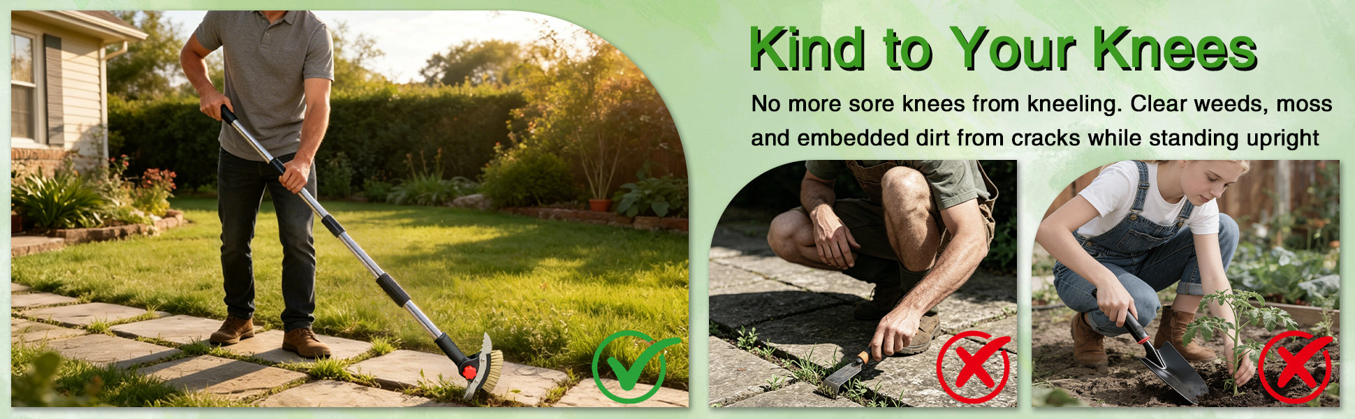 Person using a tool to clear weeds and dirt from a garden, with text promoting knee-friendly gardening.
