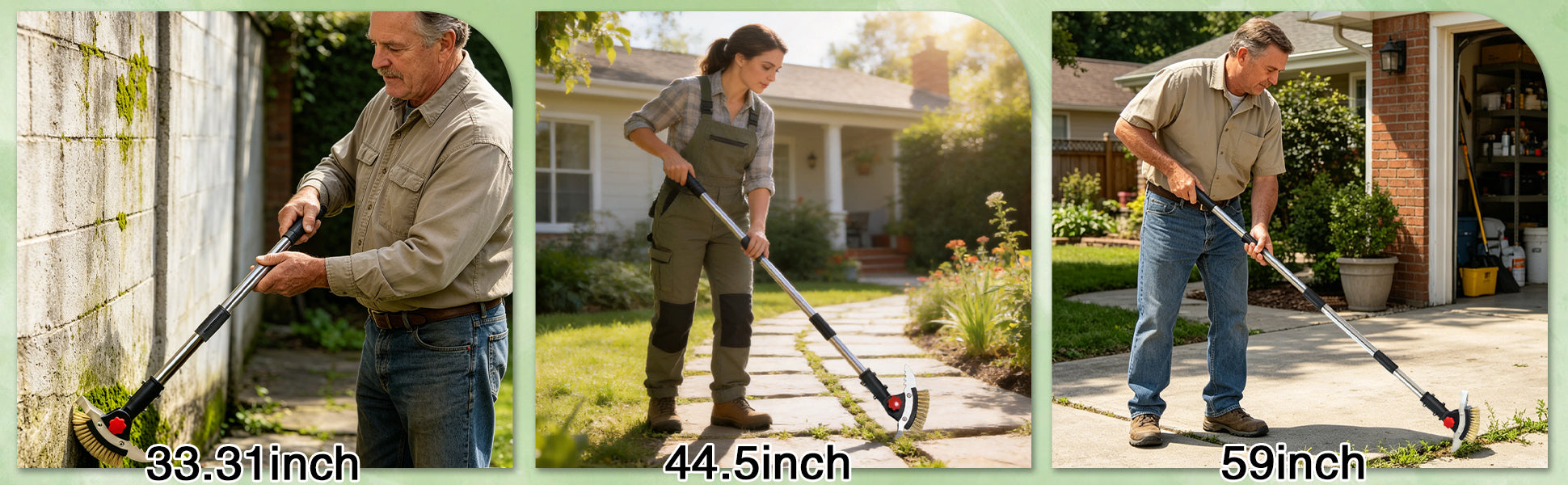 Three people using a weed wacker with different blade lengths in various settings.