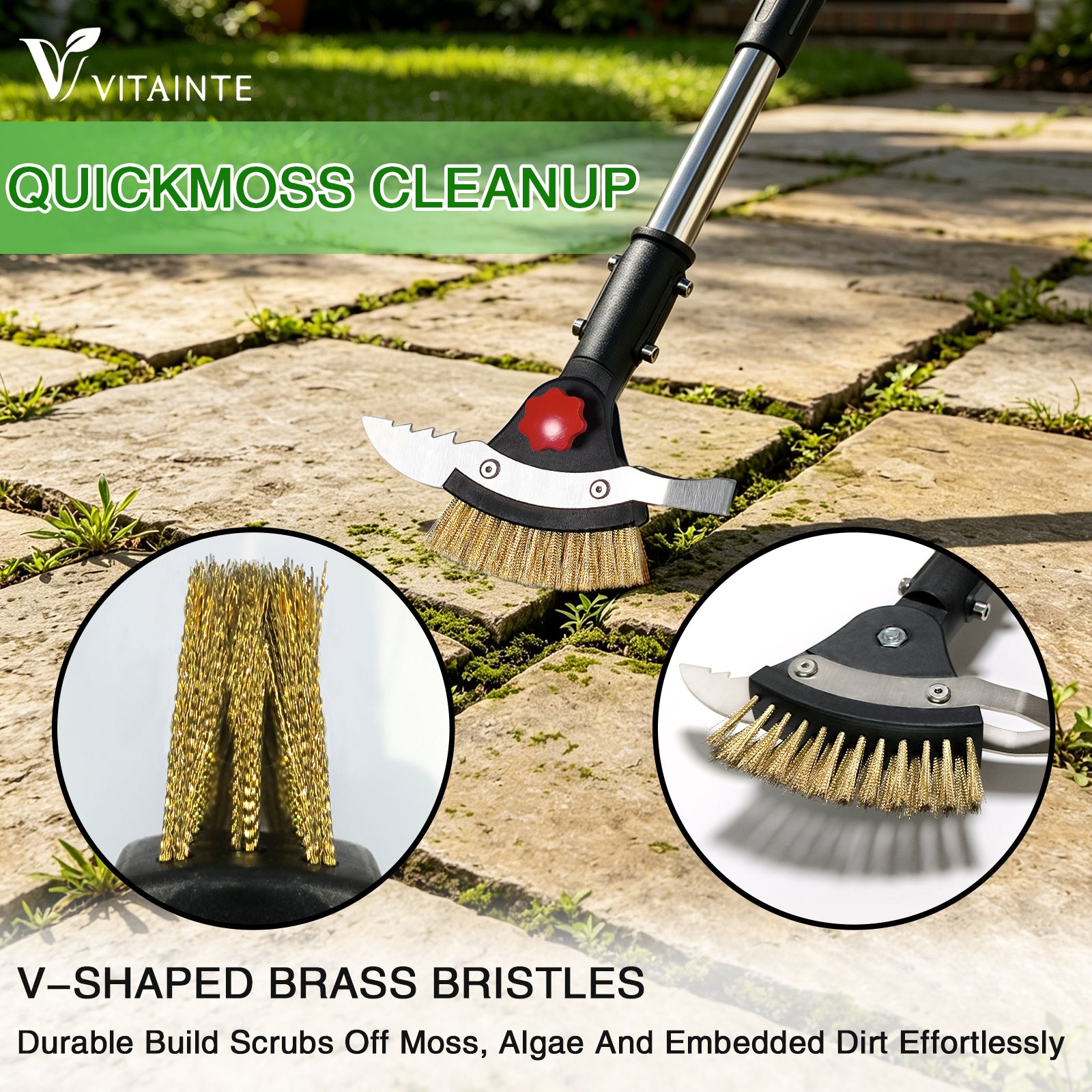 Gardening crack weeder tool with V-shaped brass bristles for quick moss cleanup on a stone patio.