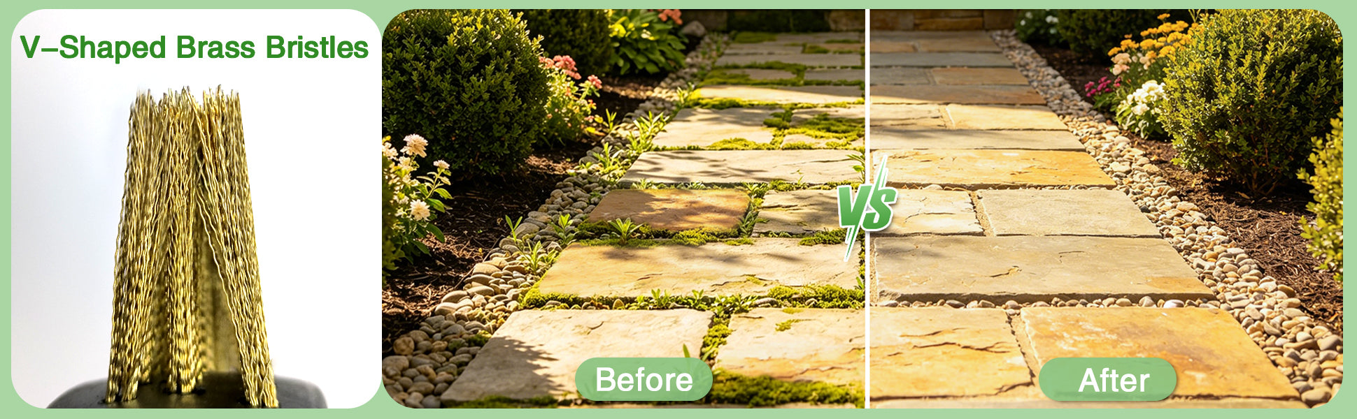 Gardening tool with V-shaped brass bristles shown before and after use on a stone pathway.