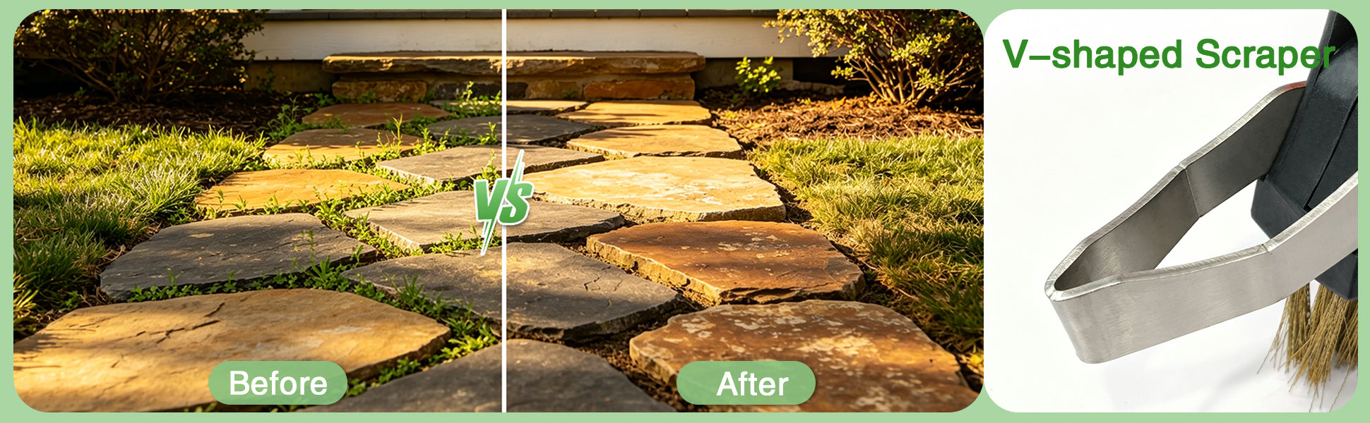 Before and after comparison of stone pathway with V-shaped scraper tool.
