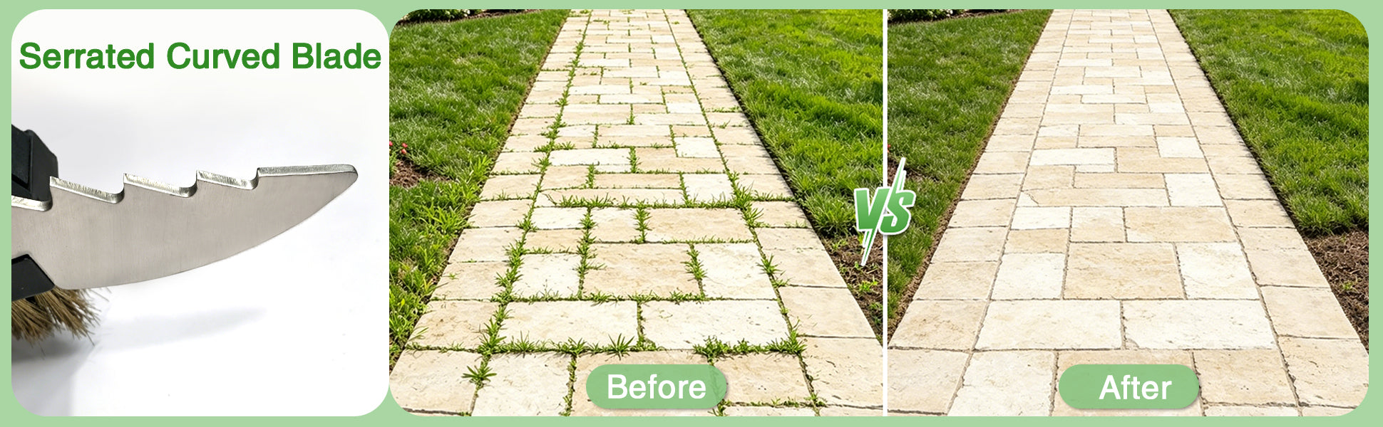 Before and after comparison of a paved pathway using a serrated curved blade.