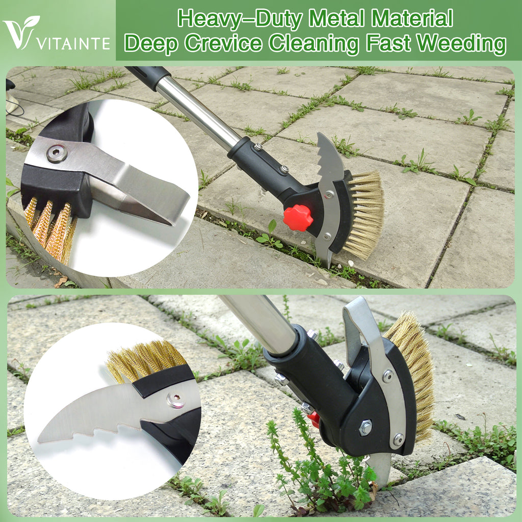 Gardening crack weeder tool with mental brush for cleaning deep crevices and weeds on a pavement background.