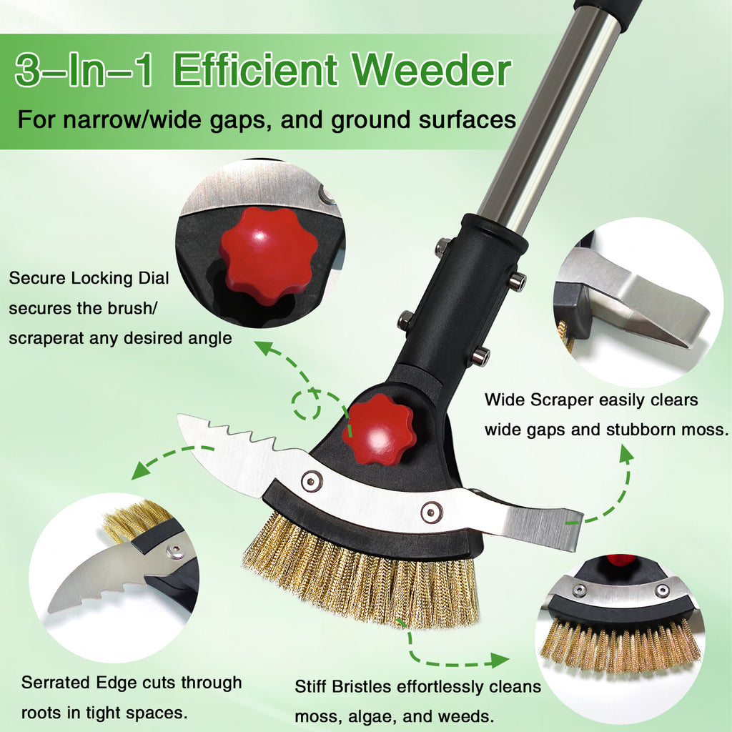 3-in-1 efficient weeder with features highlighted on a green background