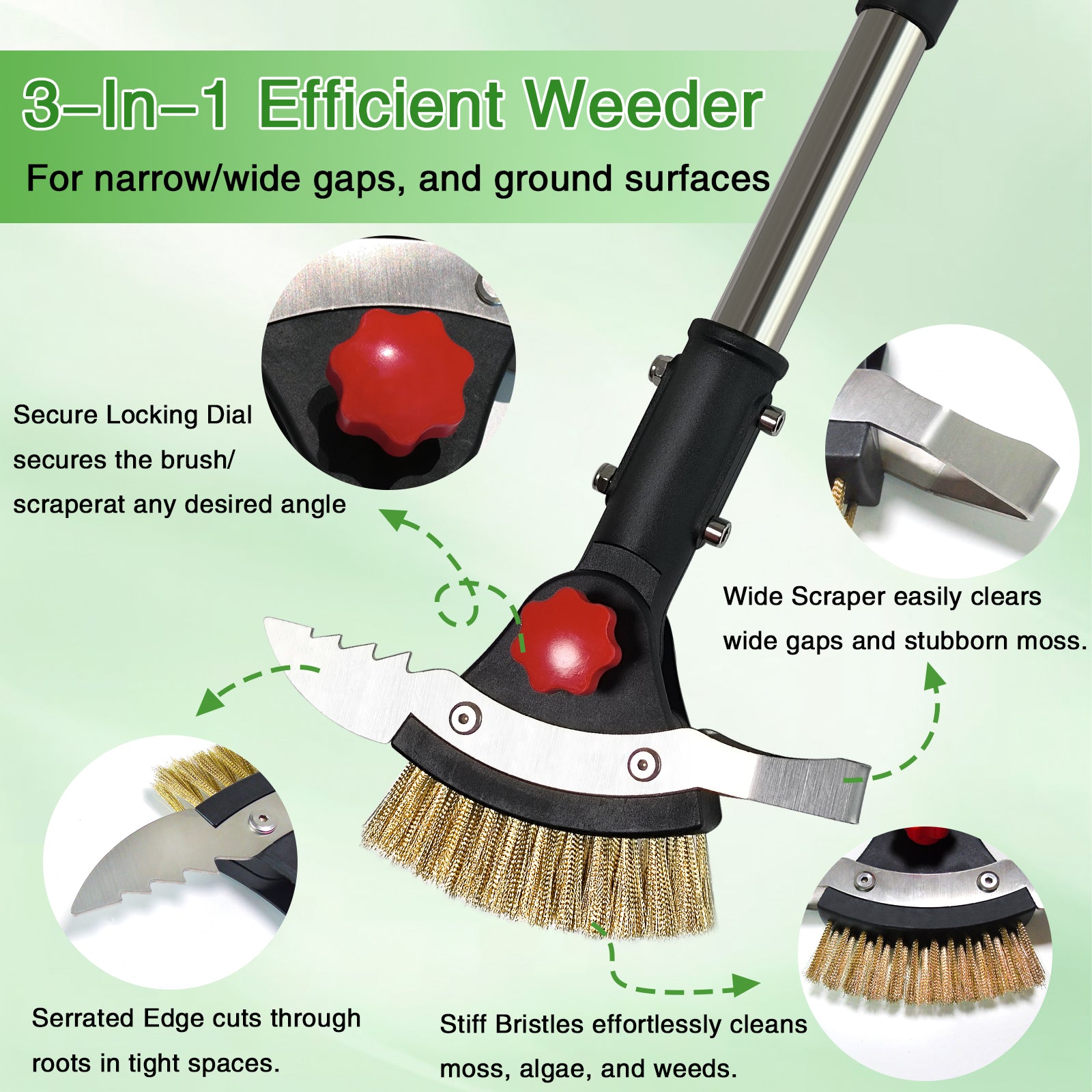 3-in-1 efficient weeder with features highlighted on a green background