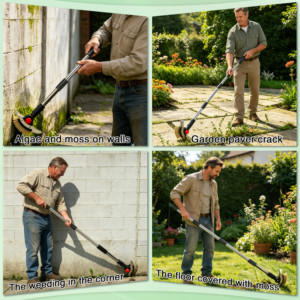 Collage of a person using a garden crack weeder tool to address various gardening issues.