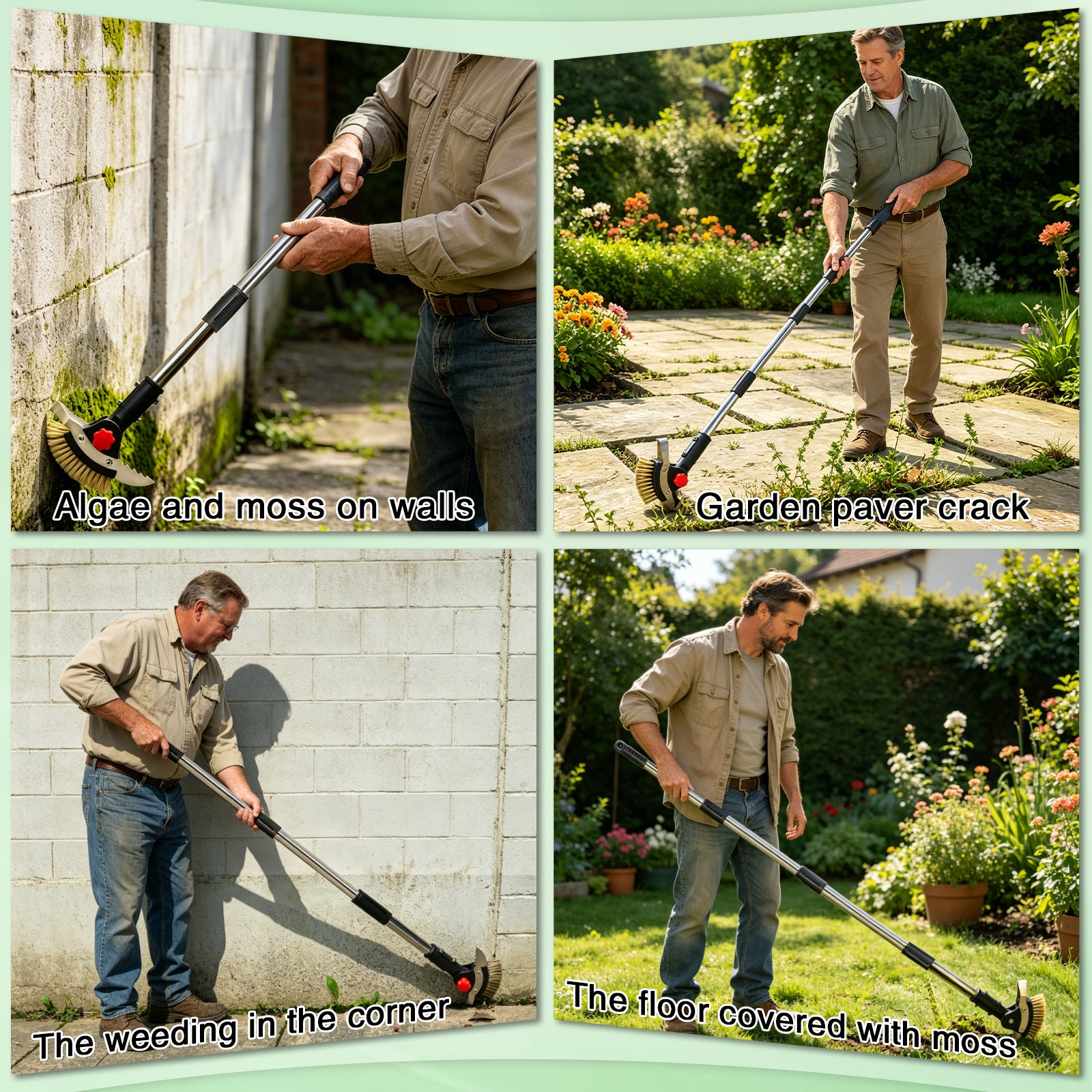 Collage of a person using a garden crack weeder tool to address various gardening issues.