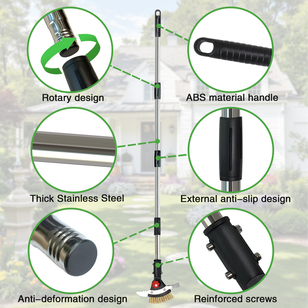 Garden crack weeder tool with features highlighted, including rotary design, ABS handle, thick stainless steel, anti-slip design, and reinforced screws.